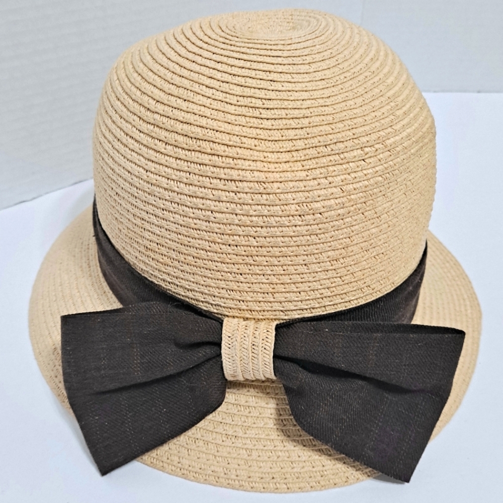 The Hatter Straw Bucket Style Sun Hat with Brim & Brown Bow Classy Yet Practical